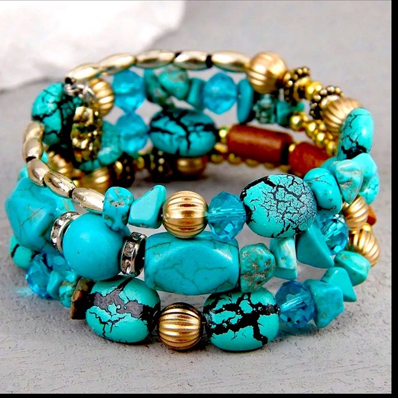 Turquoise and Gold Beaded Stretch Bracelet - Picture 1 of 1